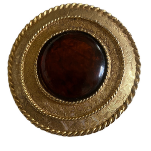 Vintage Gold Tone Brooch with Dark Red Cabochon Stone & Rope Trim